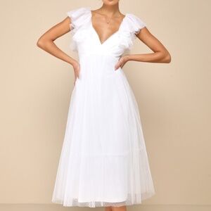 Lulus Perfect Invite White Swiss Dot Tie-back Midi Dress - Size XS